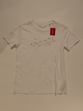 GUESS White Short Sleeve Tee with Gold Script Logo